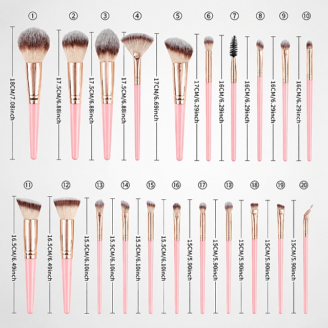 [Main image 2] Complete 20-piece pink makeup brush set complete size specification display. Keep the product appearance, physical structure, material texture, and pink rose gold color consistent with the input size reference picture, remove all Chinese text, retain only size data, no Chinese characters, no trademark, refine product details. Light gray low-saturation gradient background, the overall layout is clear, the product size line drawing marking is complete, all inch and cm data are retained and clear. Conforms to Amazon cross-border platform aesthetic. [Atmosphere style] Clear specification professional style. [Picture quality] Commercial photography texture, soft light transmission, clear and real product, clean and advanced picture. [Element] Product arranged in groups, size marking lines clear, data obvious, no occlusion, product subject clear. [Light and shadow] Soft studio uniform light, bright overall, moderate contrast, clear marking, product and text are clear. [Color matching] Main color light gray gradient, auxiliary color product pink rose gold, data text dark gray high contrast. [Perspective composition] Front flat layout, clear grouping, full picture, complete information. [Proportion resolution] 1:1 ratio, 2048x2048 pixels, 2K resolution, super high definition. [Negative prompt] Deformed text, blurred product picture, messy background, watermark, Chinese characters, trademark, Chinese logo, platform logo.