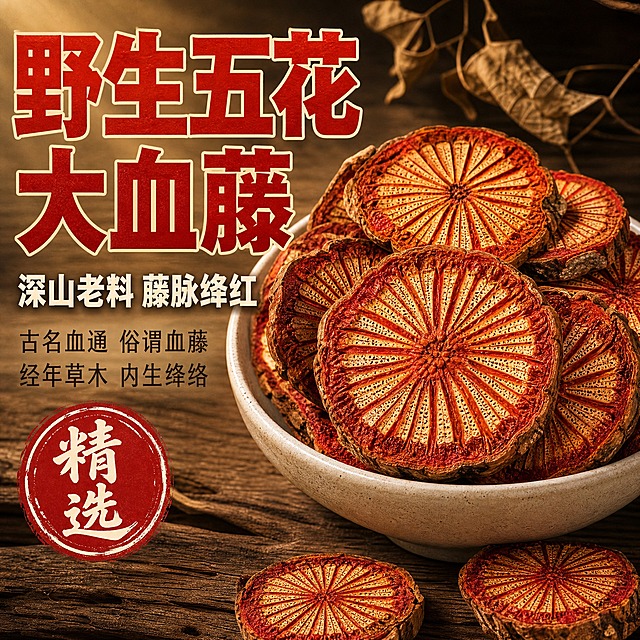 [主图-1] 野生五花大血藤首图点击率，突出深山老料与绛络纹理的视觉冲击，拼多多高转化大字风格。
[统一基调] 整体国风原生质感，深棕木色暖调背景，主标题朱红+米白撞色粗黑体，辅助文案深褐细黑体，强调色朱砂红，整体厚重质朴有山林草木气息，文字占比适中，信息层级清晰。
[画面] 画面中央偏右位置摆放一只粗陶白碗，碗中堆叠满满野生五花大血藤切片，约7-9片，层层叠叠错落有致，最前方一片完整展示放射状绛红色藤脉纹理，纹理清晰如年轮流转，颜色由中心深红向外渐变浅金，藤片边缘带自然深褐老皮，质感干燥坚实。碗的左侧留出负空间放置文案。背景为深棕色老木桌面，带自然木纹肌理，上方有柔和的山林自然光从斜上方洒下，营造深山老料的原生氛围。画面左上角点缀几片干枯的藤叶作为装饰，右下角散落2-3片单独的血藤切片增加层次。
[光影质感] 自然暖调侧逆光，突出血藤切片的通透绛络纹理，碗边有柔和高光，木桌面有自然明暗过渡，整体商业摄影质感，真实细腻，纹理微距清晰可见。
[配色] 主背景深棕木色，产品绛红+浅金纹理，主标题朱红色，副标题米白色，辅助文字深褐色，整体暖调厚重，符合草木药材原生感。
[文字版式] 左侧上下排版，最上方超大粗黑体主标题"野生五花大血藤"，朱红色带轻微米白描边，字号最大最醒目；主标题下方一行稍小粗黑体"深山老料 藤脉绛红"，米白色；再下方两行细黑体小字"古名血通 俗谓血藤""经年草木 内生绛络"，深褐色；左下角加一个朱砂红圆形印章样式图案，内有白色"精选"二字。文字全部放在左侧负空间，不遮挡碗中产品主体。
[输出要求] 比例1:1，2048x2048，2K分辨率，文字清晰可读无错字，产品纹理清晰不变形，画面干净无杂乱元素，无水印无平台logo，禁止出现医疗功效暗示，禁止绝对化用语。
