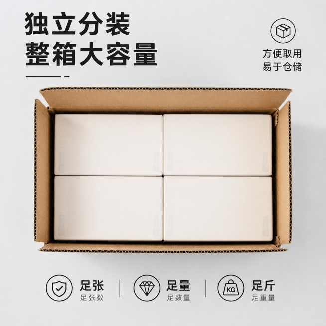 [第7屏] 包装展示-整箱产品包装细节。本屏使用【图7】展示整箱内部分装。
[氛围/风格] 真实仓储包装风，干净规整，突出大容量包装优势，专业可靠。
[元素布局] 打开的纸箱内部展示在画面中心，四包标预览效果