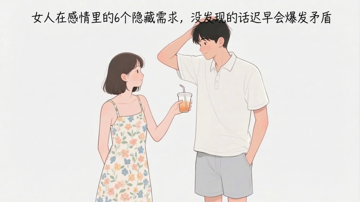 在图片上方空白位置添加文字："女人在感情里的6个隐藏需求，没发现的话迟早会爆发矛盾"，保留原图的人物和风格不变，文字清晰摆放合适位置预览效果