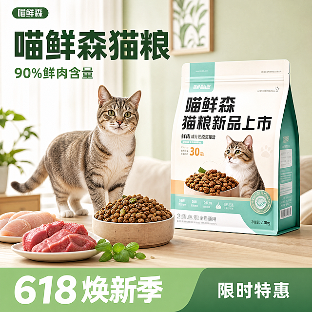 [主图-1] 618大促猫粮首图，突出产品食欲与新鲜度。氛围风格：清新自然宠物食品风格，专业品质感。画质：商业摄影质感、光线柔和通透、产品清晰真实、画面干净高级。元素：喵鲜森猫粮包装袋置于画面右侧，保持产品外观（物理结构、材质质感、颜色）与输入产品图绝对一致，杜绝任何变形和色差，精细化处理。背景为温馨干净的家居环境，浅木色桌面，左侧搭配一碗饱满的猫粮颗粒，旁边放置新鲜肉类原料，猫咪在旁边安静站立。左上角放置提取的品牌名喵鲜森。商品主体占比严格控制在70%左右，画面满屏无边框。光影：自然柔和室内光，突出猫粮颗粒质感，阴影柔和通透。配色：主色调为浅绿+米白，清新自然，和产品包装呼应。视角构图：平视四分之三角度，景深中等，产品轮廓完整不裁切。文字版式：左上角左对齐留安全边距，大字文案为"喵鲜森猫粮"，深绿色最大号粗体无衬线；下方辅助文案是"90%鲜肉含量"，字体缩小一半，同色略浅。底部通栏618大促色块，左写大字"618焕新季"，右写"限时特惠"，白色文字配浅绿底，对比强烈清晰。比例分辨率：1:1比例，4k分辨率；文字清晰锐利，画面超高清。负向提示词：变形，水印，文字错乱，产品图模糊，背景杂乱