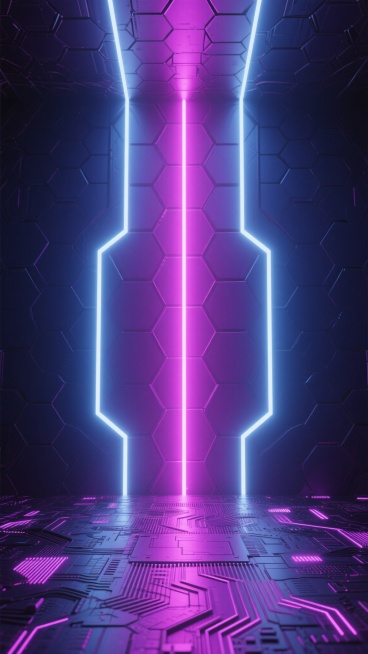 深紫色与亮粉色渐变的科技感背景，垂直排列的发光几何线条与六边形网格结构，底部是发光的紫色电路板纹理地面，中央有明亮的粉色光源向上扩散，整体呈现出深邃神秘的赛博朋克风格，线条流畅锐利，光影对比强烈，充满未来科技感与空间纵深感。预览效果