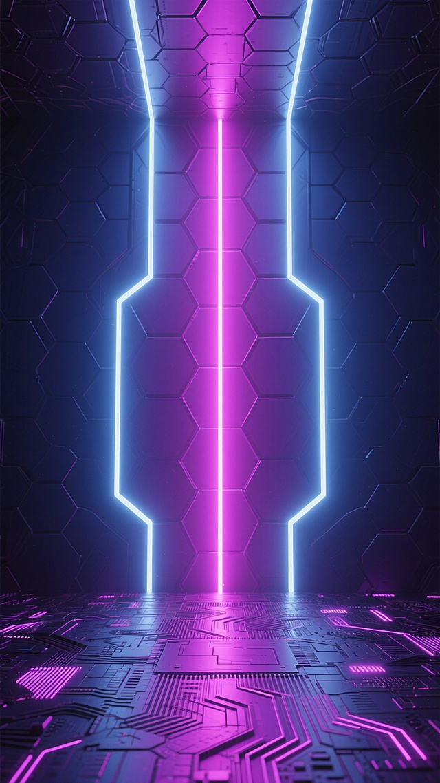 深紫色与亮粉色渐变的科技感背景，垂直排列的发光几何线条与六边形网格结构，底部是发光的紫色电路板纹理地面，中央有明亮的粉色光源向上扩散，整体呈现出深邃神秘的赛博朋克风格，线条流畅锐利，光影对比强烈，充满未来科技感与空间纵深感。