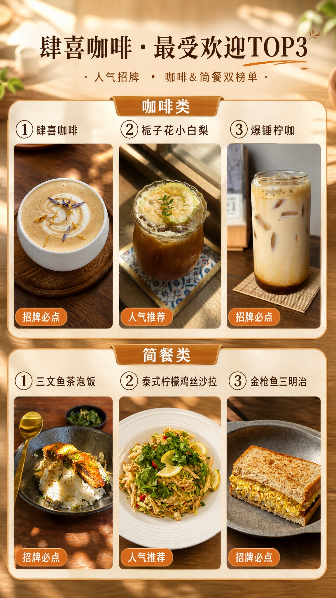 一张竖版9:16的咖啡简餐店人气TOP3榜单海报，写实商业摄影… - 图片创意预览