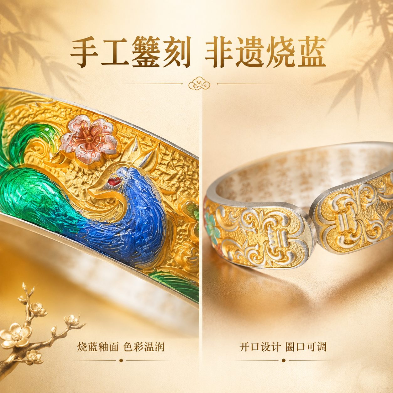[主图-2] 抖音珠宝卖点图，展示手镯工艺细节与开口结构，突出… - 图片创意预览