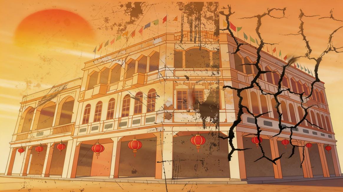 参考参考图片的动画风格，细化当前图片，内容为衰落的五脚基骑楼街区全景，夕阳斜照在斑驳墙面上，骑楼廊下空无一人，保留原建筑结构和红色灯笼，延续暖橙夕阳色调，细化墙面斑驳和建筑裂缝质感预览效果