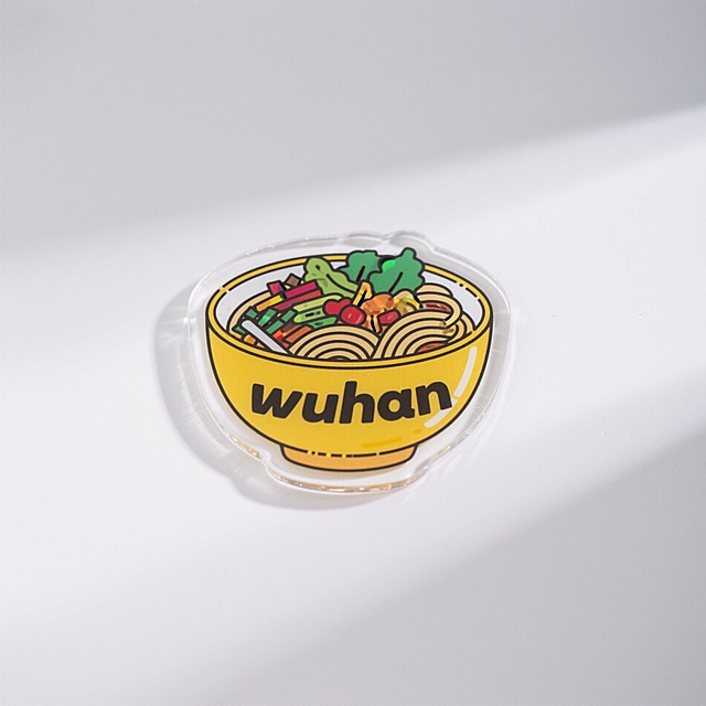 亚克力冰箱贴，卡通手绘风，主体是一碗武汉热干面上写着“wuhan”