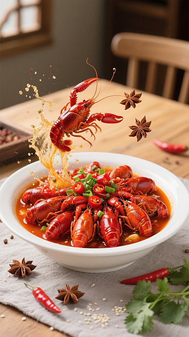 一碗盛满鲜红诱人小龙虾的白色瓷碗，小龙虾堆得满满当当，壳色红亮，肉质饱满，浸泡在橙红色的浓郁汤汁中，汤汁表面漂浮着翠绿的葱花和鲜红的辣椒段。一只小龙虾正从碗中跃起，姿态生动，溅起金色的汤汁飞沫与几颗花椒，旁边还有两颗八角也随之飞起。碗的周围散落着几颗完整的八角和鲜红的小辣椒，营造出热辣鲜香的氛围。背景变换为温馨雅致的木质餐桌，桌面上铺着浅灰色的餐布，散落着几片翠绿的香菜叶和几颗白芝麻，整体光线柔和温暖，突出小龙虾的诱人色泽和菜品的精致感，高清晰度，写实风格，色彩鲜明，构图饱满，富有食欲。