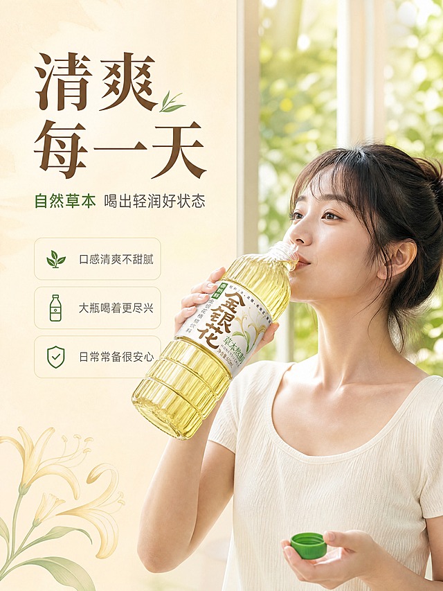 [商品] 使用【图1】泰新鲜金银花植物饮料单瓶；保留瓶身竖纹透明瓶体、米白标签上的"泰新鲜""金银花""草本熬制""600mL"等全部文字与图案，不改变产品结构、颜色和比例；绿色瓶盖从瓶口取下，放在旁边或手中，瓶盖外观颜色保持不变。
[画面] 目标：模特生活方式展示，瓶盖打开、瓶口贴唇的饮用瞬间。构图：左文右图，右侧为年轻亚洲女生半身出镜，约20-28岁，清新自然妆容，穿简约浅色上衣，右手持瓶、瓶口轻贴嘴唇正在饮用的自然瞬间，绿色瓶盖取下放在左手或身侧；表情放松愉悦，瓶身标签清晰正对镜头，产品占画面约45%。背景是明亮的室内窗边或阳台，有虚化绿植和阳光，氛围清新治愈。整体生活化、有温度。
[视觉] 套系策略：风格=国内电商食品饮料清新草本风商业摄影；标题字=宋体衬线粗体（优雅有质感）；正文字=简洁无衬线体；主色=暖米杏；背景延展=基于暖米杏做深浅渐变、同色系层次和细腻纸张/植物肌理；强调色=草木绿，仅用于小面积图标、引线、标签和重点词高亮；标题色=深棕褐；正文色=中暖灰；组件=圆角浅底信息卡、细线引线、草本叶片装饰元素；光影=右侧自然光柔和打亮人物和产品，通透有空气感。
[文字] 左侧主标题："清爽每一天"，副标题："自然草本 喝出轻润好状态"；下方3个情绪卖点："口感清爽不甜腻""大瓶喝着更尽兴""日常常备很安心"，文字横排，层级清晰，不遮挡人物和产品主体。
[规格] 图片比例3:4竖版，4K，负向提示：避免模特过度浓妆、产品标签模糊、人物占比过大、冷色调、医疗功效暗示、欧美面孔、文字竖排、瓶盖仍在瓶口未打开、瓶口未接触嘴唇。