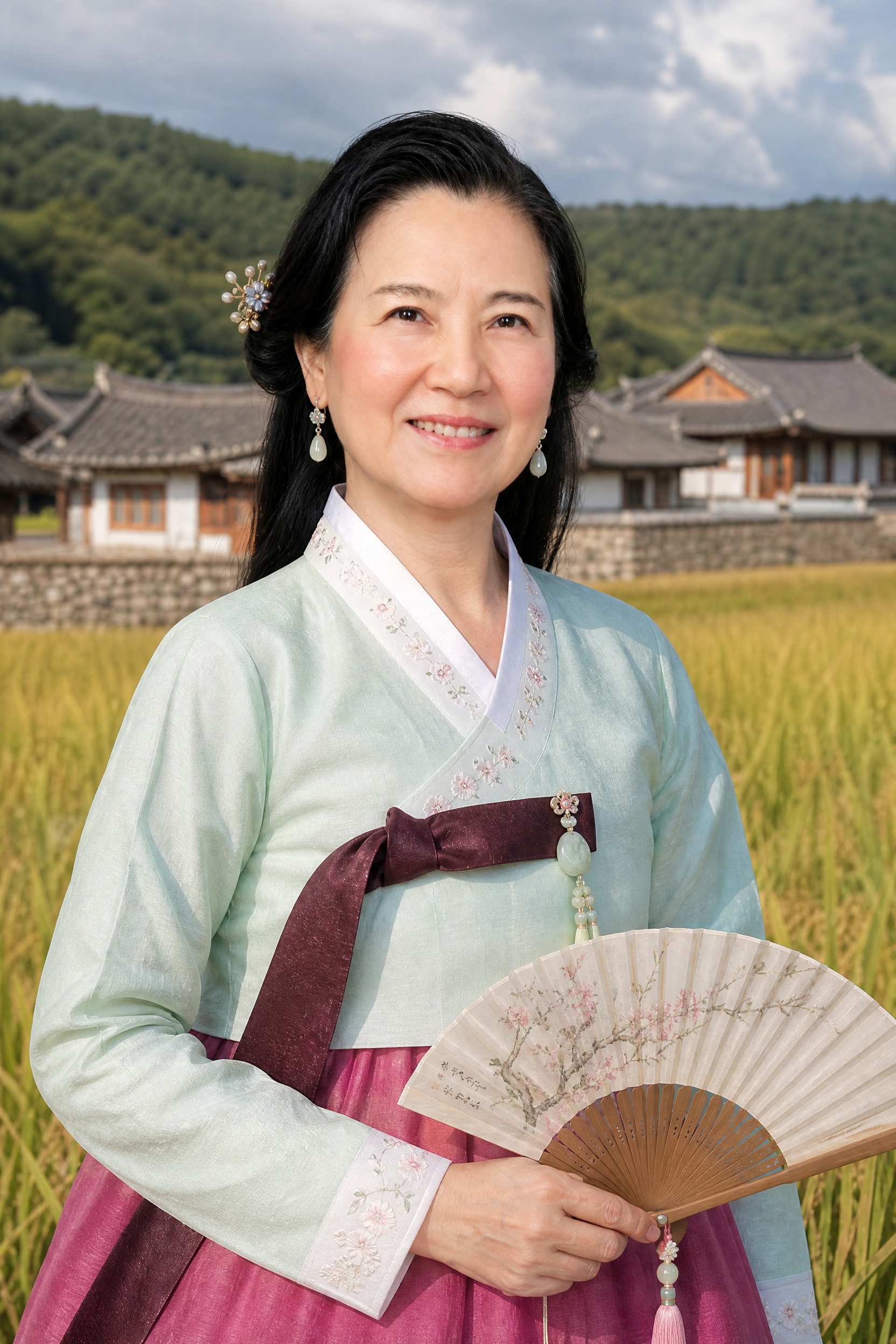 朝鲜族民族写真，保留参考图的人脸特征，40多岁东方女性，上半身… - 图片创意预览