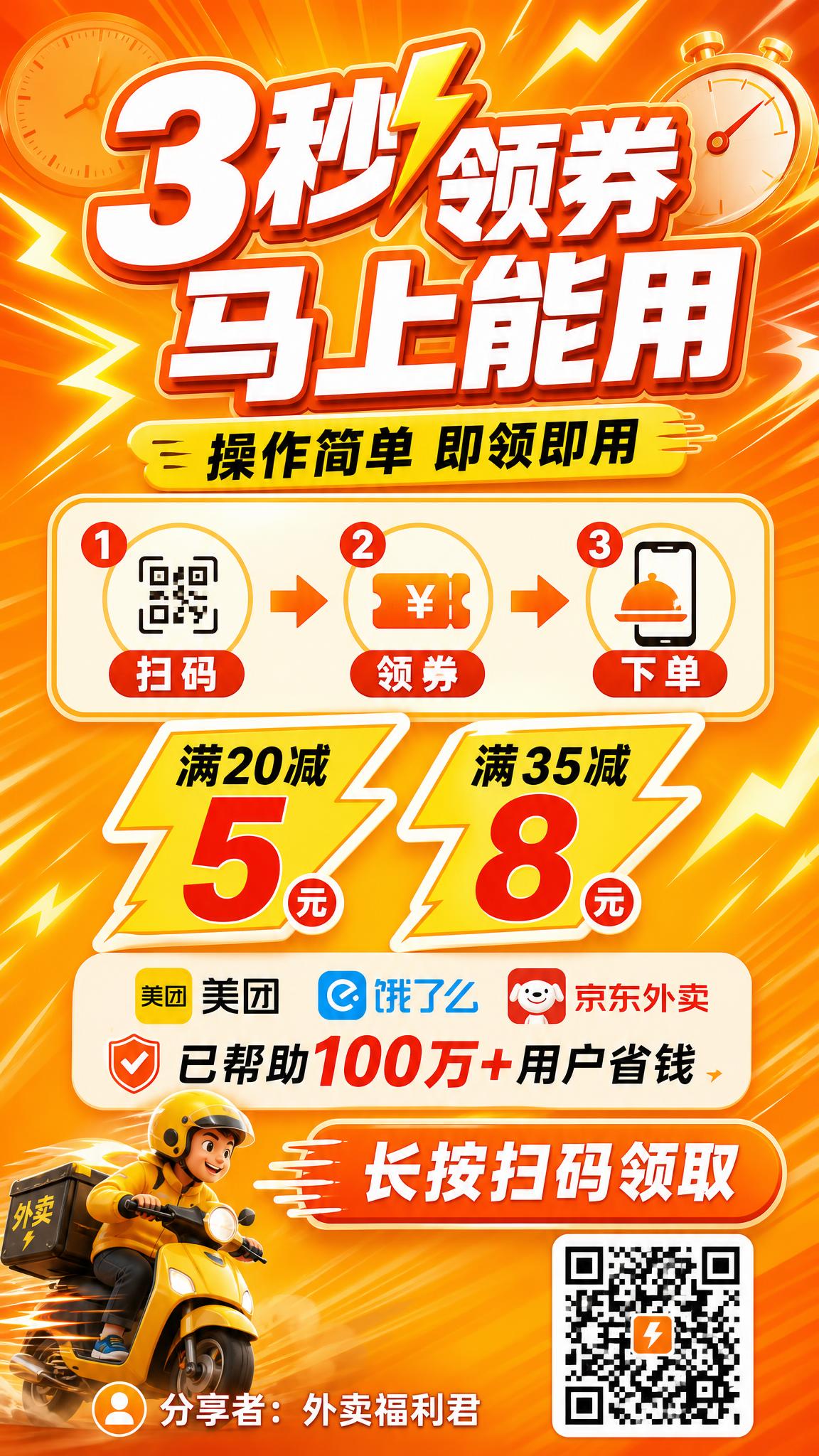 外卖优惠券促销海报，速成型方向，9:16竖版手机长图，橙黄亮色… - 图片创意预览