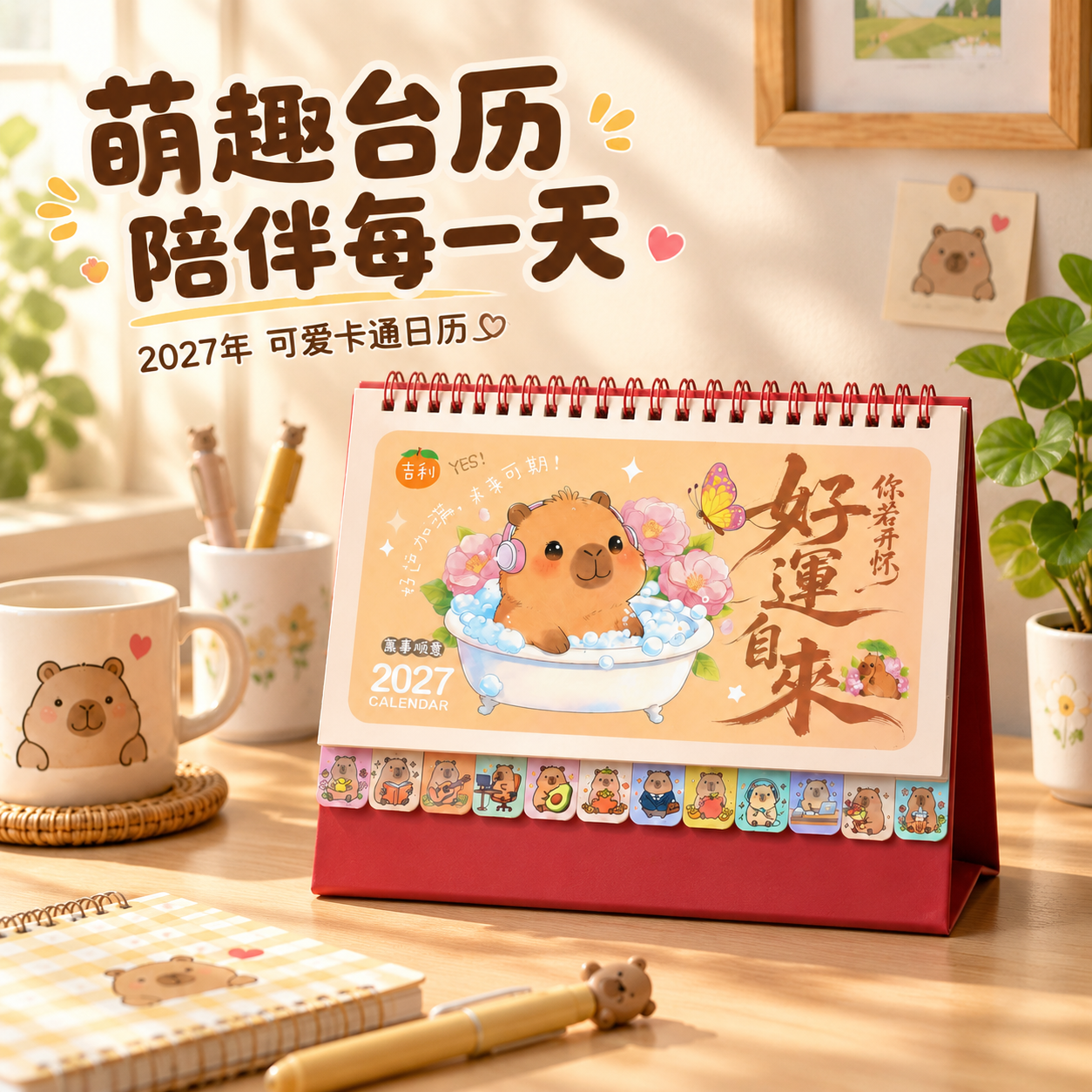 [主图-2] 首图产品身份展示，水豚款台历温馨书桌场景，突出治… - 图片创意预览