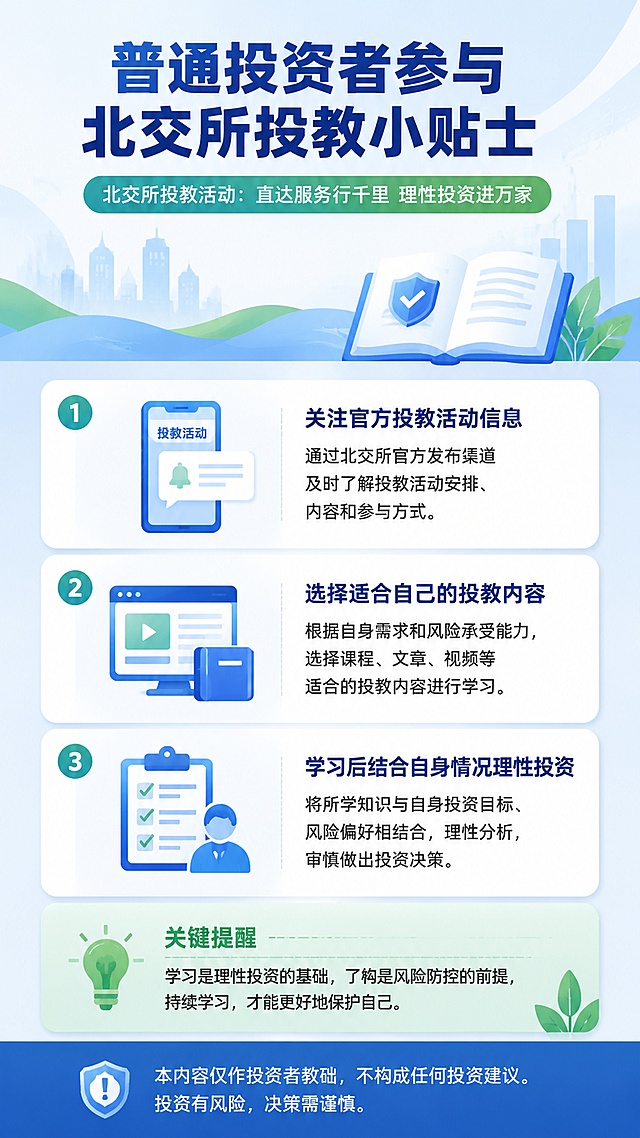 生成一张金融行业每日常态化理性投教海报，物料类型为图解海报，主题为北交所投教活动：直达服务行千里 理性投资进万家，面向通用投资者，标题：普通投资者参与北交所投教小贴士，流程要点：1. 关注官方投教活动信息 2. 选择适合自己的投教内容 3. 学习后结合自身情况理性投资。底部风险提示：本内容仅作投资者教育，不构成任何投资建议。投资有风险，决策需谨慎。要求：单图单点表达、信息层级清晰、表达通俗克制，不出现任何LOGO，不出现收益承诺、具体产品推荐、买卖指令或个性化配置建议，视觉流派为扁平科普，画面比例9:16竖版，交付1080x1920，画面结构：顶部放置标题，中部为分要点卡片图解，底部为关键提醒和风险提示，LOGO位置：不放置任何LOGO，主色方案：金融蓝浅绿配色，版式要求：模块卡片图标化设计，清晰易读，元素要求：使用清晰图标，禁止高饱和营销元素与无关装饰，同一元素在单图中最多出现2次，合规要求：底部独立风险提示区清晰可读，不得删除、遮挡或弱化，纯净要求：无水印、无手机状态栏、无边框、无截图效果