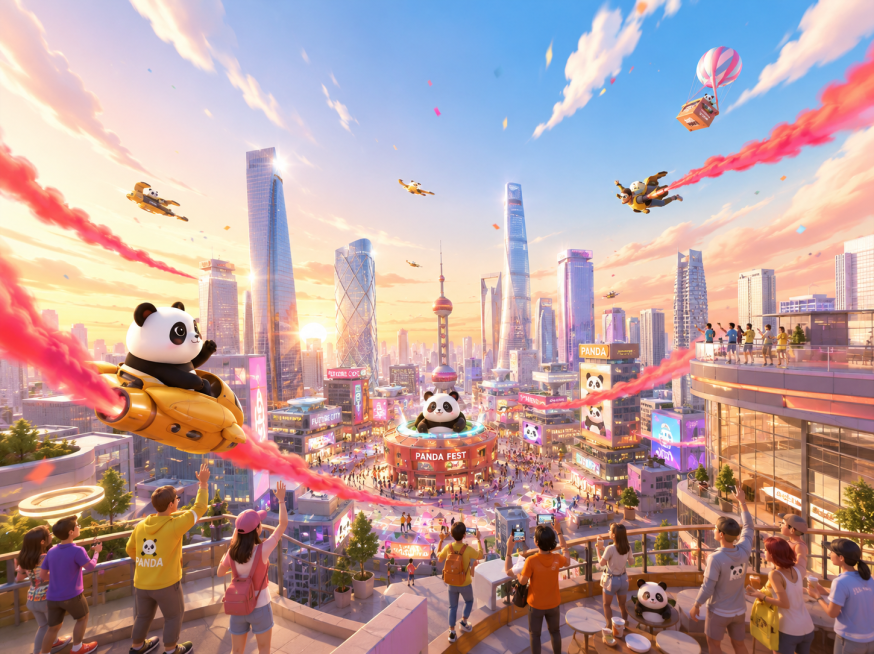 生成类似参考图的城市3D插画，包含现代城市建筑群、俯视平台视角、渐变天空，红色动感烟雾飘带，熊猫元素，飞行装置和人物，明亮氛围感，3D卡通插画风格预览效果