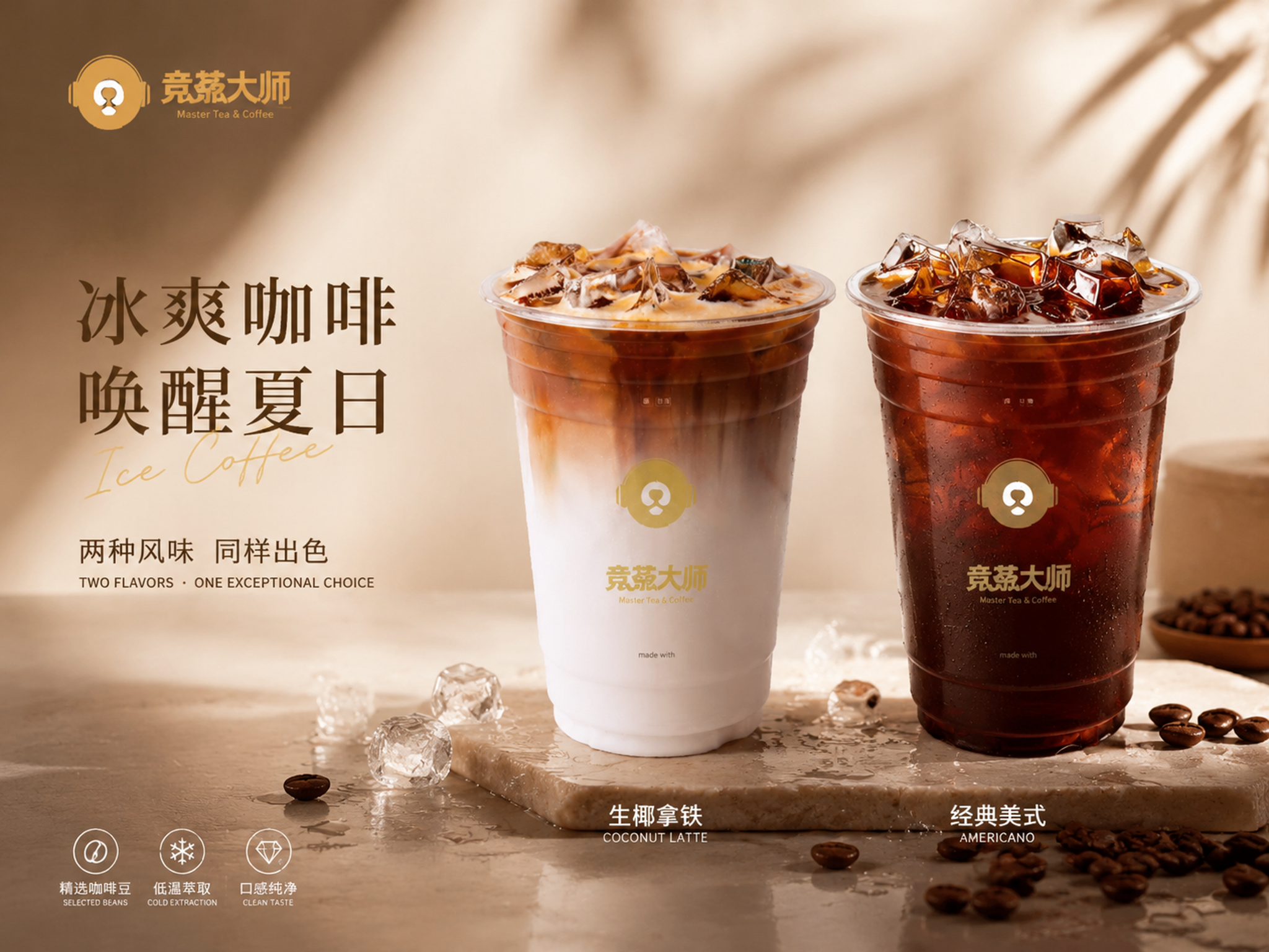为两款冰咖啡饮品设计一张横版A3尺寸的商业宣传海报，画面中同时… - 图片创意预览