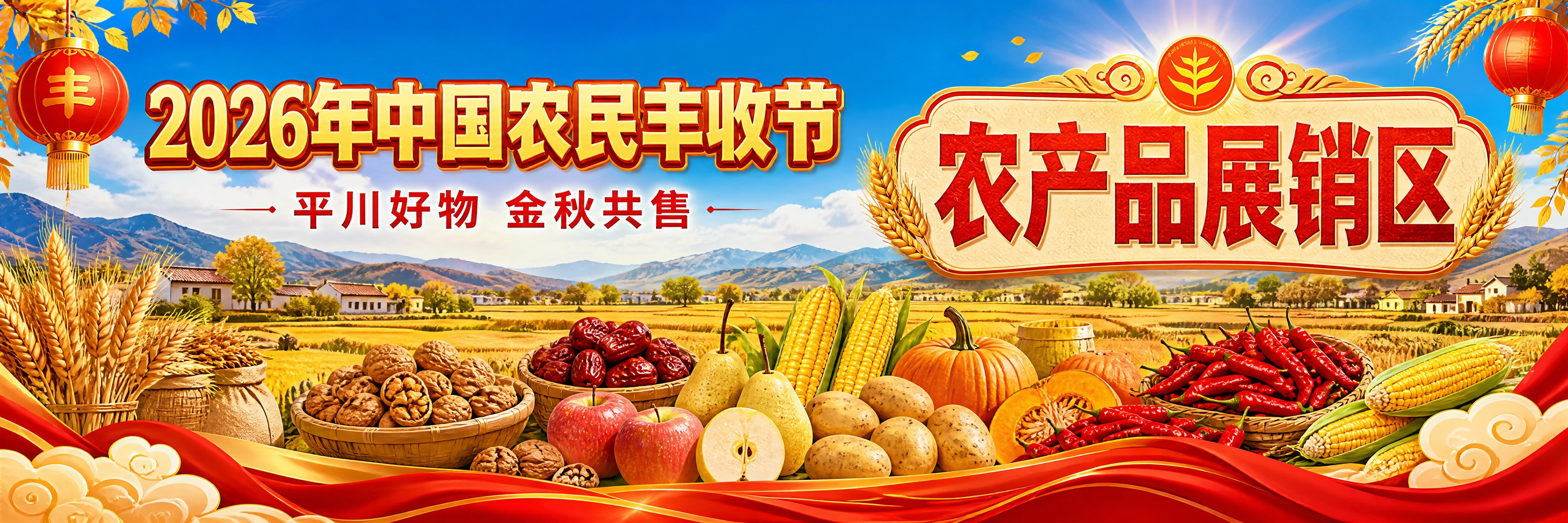 一张中国农民丰收节农产品展销区长幅横版海报，3比1超宽比例，金… - 图片创意预览