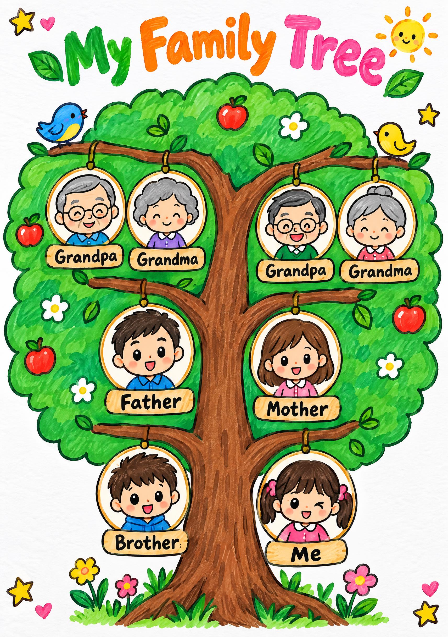 A4竖版三年级英语家庭树手抄报，主题My Family Tre… - 图片创意预览