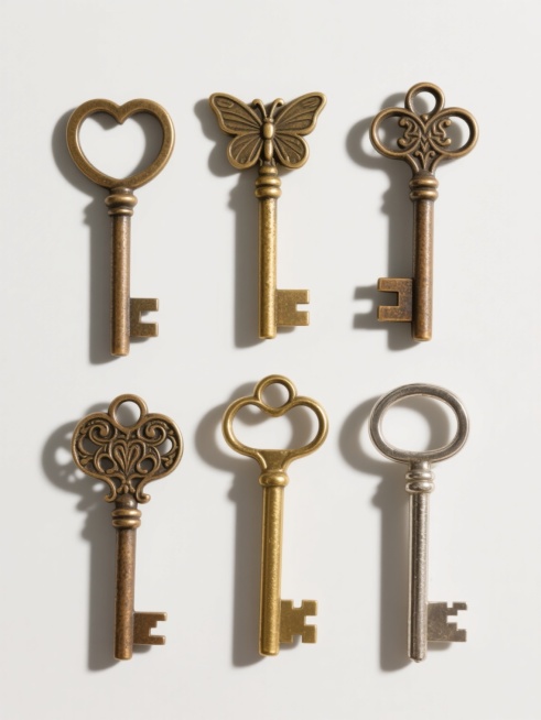 六把不同款式、不同样式、不同配色的复古金属钥匙，每把钥匙都有独特的雕花手柄设计，包括圆形、心形、蝴蝶形等，钥匙主体呈现古铜色、金色、银色等不同金属色调，表面带有细腻的做旧纹理和轻微的氧化效果，光线从上方柔和照射，在白色背景上投下淡淡的阴影，六把钥匙整齐排列成两行三列，构图对称平衡，整体呈现出写实的静物摄影风格，细节清晰，金属质感强烈。预览效果