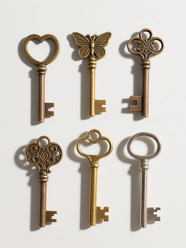 六把不同款式、不同样式、不同配色的复古金属钥匙，每把钥匙都有独特的雕花手柄设计，包括圆形、心形、蝴蝶形等，钥匙主体呈现古铜色、金色、银色等不同金属色调，表面带有细腻的做旧纹理和轻微的氧化效果，光线从上方柔和照射，在白色背景上投下淡淡的阴影，六把钥匙整齐排列成两行三列，构图对称平衡，整体呈现出写实的静物摄影风格，细节清晰，金属质感强烈。