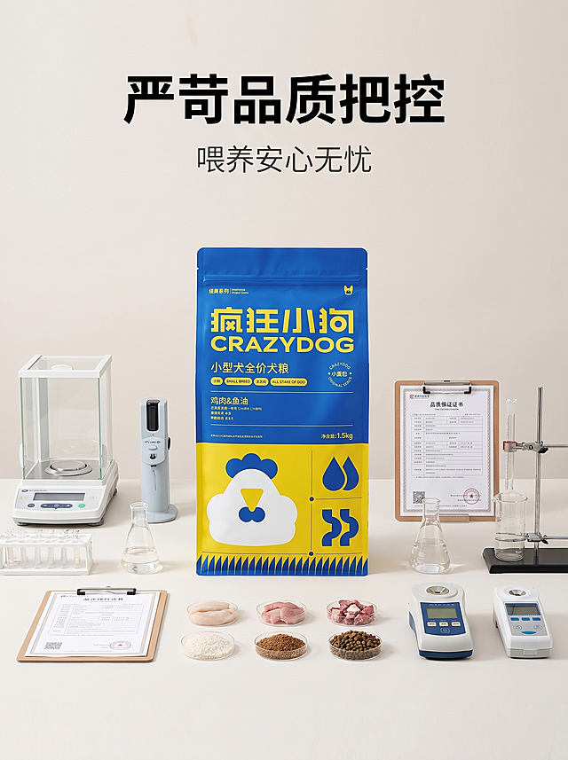 [主图-9] 疯狂小狗严苛品质把控小型犬犬粮品牌展示图；
[氛围风格] 清新自然实景风，简约高级质感，整体色调干净柔和，全实景实拍，无卡通插画；简约商务干净实景背景；
[画质] 高清简约商务风画质，画面整洁利落，色调素雅沉稳，信息展示清晰，产品清晰真实；
[元素] 简约商务干净实景背景，摆放疯狂小狗蓝色包装犬粮和产品质检相关实拍展示，风格正式稳重，布局简洁。保持产品外观信息与原图一致，画面满屏无边框；
[光影] 简洁商务均匀布光，色调素雅沉稳；
[配色] 素雅低饱和商务色调，干净利落；
[视角构图] 中心对称平视构图；
[文字版式] 画面上方居中，主文案"严苛品质把控"居中放大粗黑字体，副文案"喂养安心无忧"在主文案下方，字体纤细，颜色比主文案浅一度。文字清晰不遮挡产品主体；
[比例分辨率] 3:4比例，2k分辨率，文字清晰可辨，超高清；
[负向提示词] 变形，水印，文字错乱，产品图模糊，背景杂乱，卡通插画，风格不一致