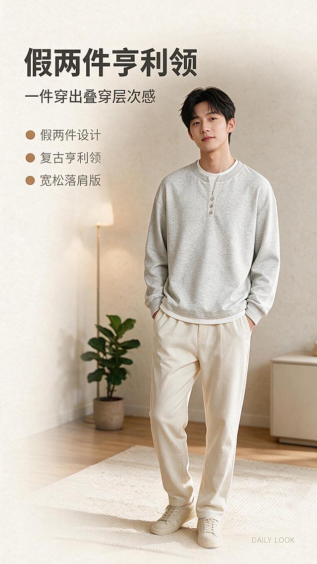 [商品] 使用【图1】浅花灰假两件亨利领针织卫衣；商品处理：保留亨利领三粒扣、假两件白边领口、落肩长袖、罗纹袖口、下摆白边、浅花灰颜色和针织面料；自然去除衣身杂乱褶皱，理顺垂坠，增强针织纹理、缝线和纽扣质感，不改变版型和结构。
[画面] 目标：风格头图海报，营造韩系松弛穿搭氛围。构图：左文右图，右侧亚洲男模特穿着卫衣站在简约米色家居场景中，姿态自然放松，双手插兜微侧身，产品占画面60%；前景木质地板，中景模特，后景浅米色墙面与简约落地灯、绿植虚化。阅读动线从左上标题到右侧人物。
[视觉] 套系策略：风格=韩系松弛感高级商业摄影；标题字=现代无衬线粗体（思源黑体Heavy）；正文字=简洁无衬线体（思源黑体Regular）；主色=浅花灰+米白；背景延展=基于浅花灰、米白做深浅层级、同色渐变和细腻织物/纸张质感；强调色=奶茶棕，仅用于小面积图标、引线和标签；标题色=深炭灰；正文色=中暖灰；组件=圆角浅底信息卡、细线引线；光影=左前侧暖柔光，柔和阴影。
[文字] 左上留白放主标题「假两件亨利领」，副标题「一件穿出叠穿层次感」，下方3个短卖点：假两件设计 / 复古亨利领 / 宽松落肩版；文字不遮挡服装主体、领口和袖口。右下角小号英文装饰「DAILY LOOK」。
[规格] 图片比例9:16竖版，分辨率2K，避免变形、错字、文字过小、冷蓝/蓝灰背景、衣服颜色改变、版型失真、极限词。