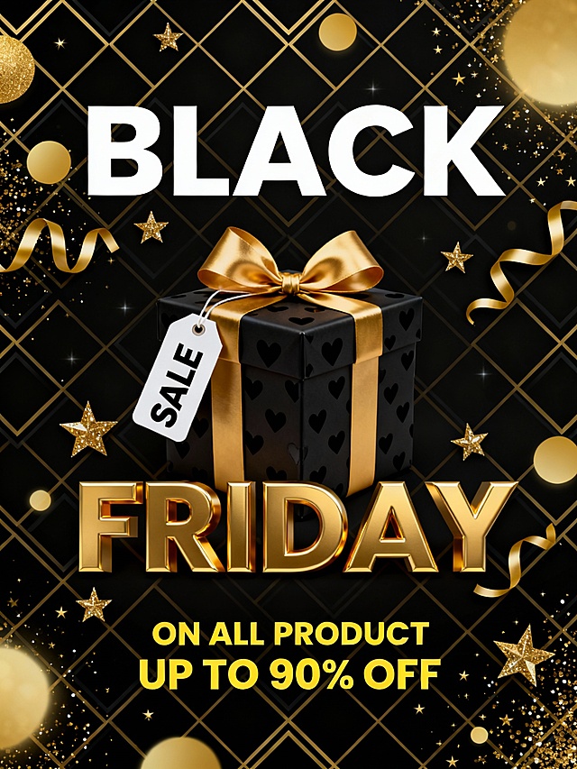 黑色背景上以金色和白色为主色调的促销海报，中心位置是一个系着金色蝴蝶结、带有黑色心形图案的黑色礼品盒，礼品盒上挂着白色“SALE”标签，上方是白色粗体大字“BLACK”，下方是金色立体效果大字“FRIDAY”，周围点缀着金色的卷曲丝带和金色五角星形状的亮片，底部有黄色文字“ON ALL PRODUCT”和“UP TO 90% OFF”，背景纹理改为精致的金色几何线条交错图案，装饰风格融入更多金色圆形光斑和闪烁的金色细小星星，整体保持奢华促销氛围，视觉层级清晰，信息传达高效，字体选择无衬线粗体与金色立体字结合，突出促销力度和节日感。