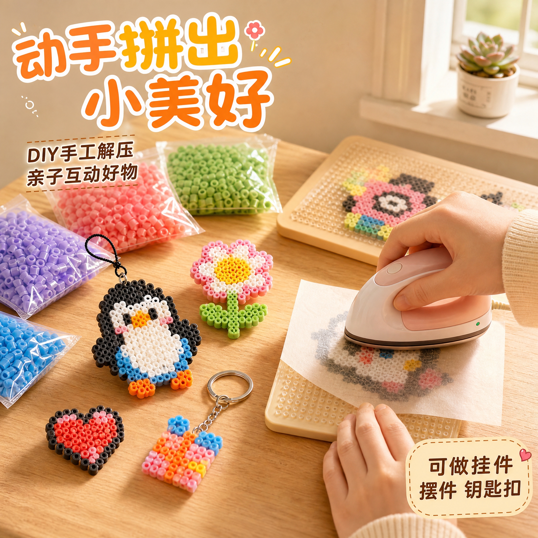[主图-4] 成品效果与使用场景，展示用拼豆制作的可爱成品，激… - 图片创意预览