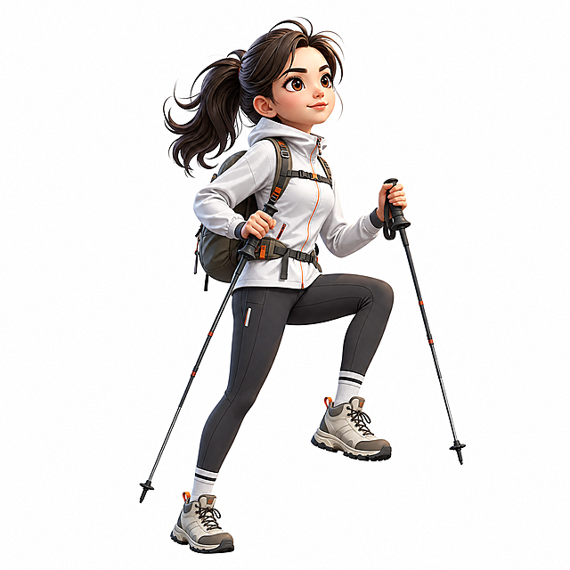 Q版3D卡通风格年轻女性正在爬山，三渲二效果，潮流运动穿搭，身穿户外速干衣和运动leggings，脚穿登山鞋，背小型登山包，手持登山杖，爬山攀登姿势，表情坚定有活力，白色背景，人物比例协调统一，3D渲染风格，高清8K画质，细节拉满，纹理清晰，矢量感强，全身像