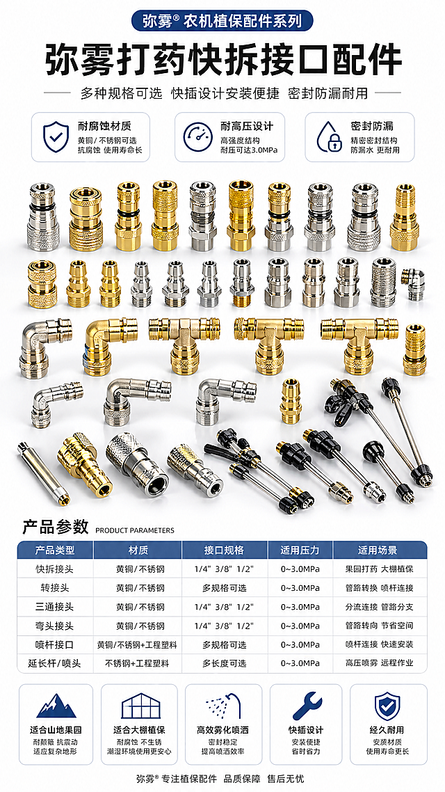 淘宝商品详情页第三张，产品参数展示页，展示全系列弥雾打药快拆接口配件，突出黄铜不锈钢材质，耐腐蚀耐高压，适合山地果园大棚植保，文案"多种规格可选 快插设计安装便捷 密封防漏耐用", 整体干净整洁，突出产品质感