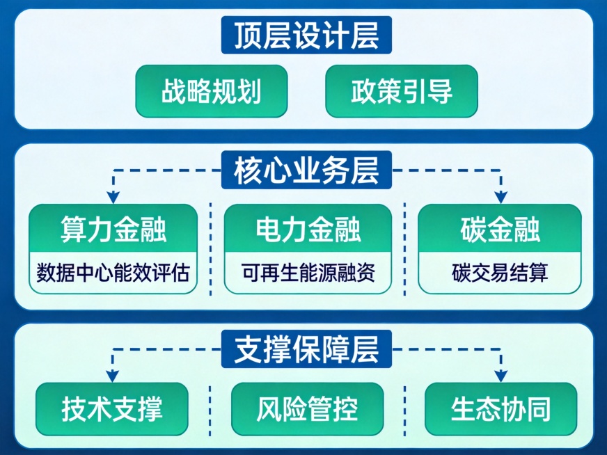 "算—电—碳"一体化绿色金融体系框架图，包含清晰的结构层级和模块划分，专业信息图表风格，展示绿色金融顶层设计逻辑预览效果