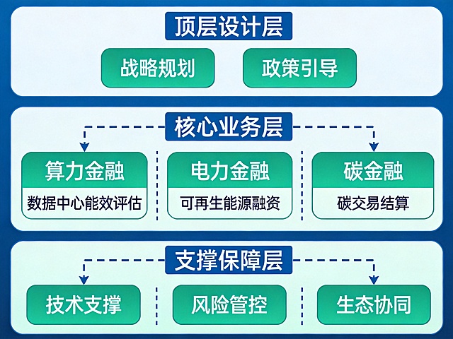 "算—电—碳"一体化绿色金融体系框架图，包含清晰的结构层级和模块划分，专业信息图表风格，展示绿色金融顶层设计逻辑