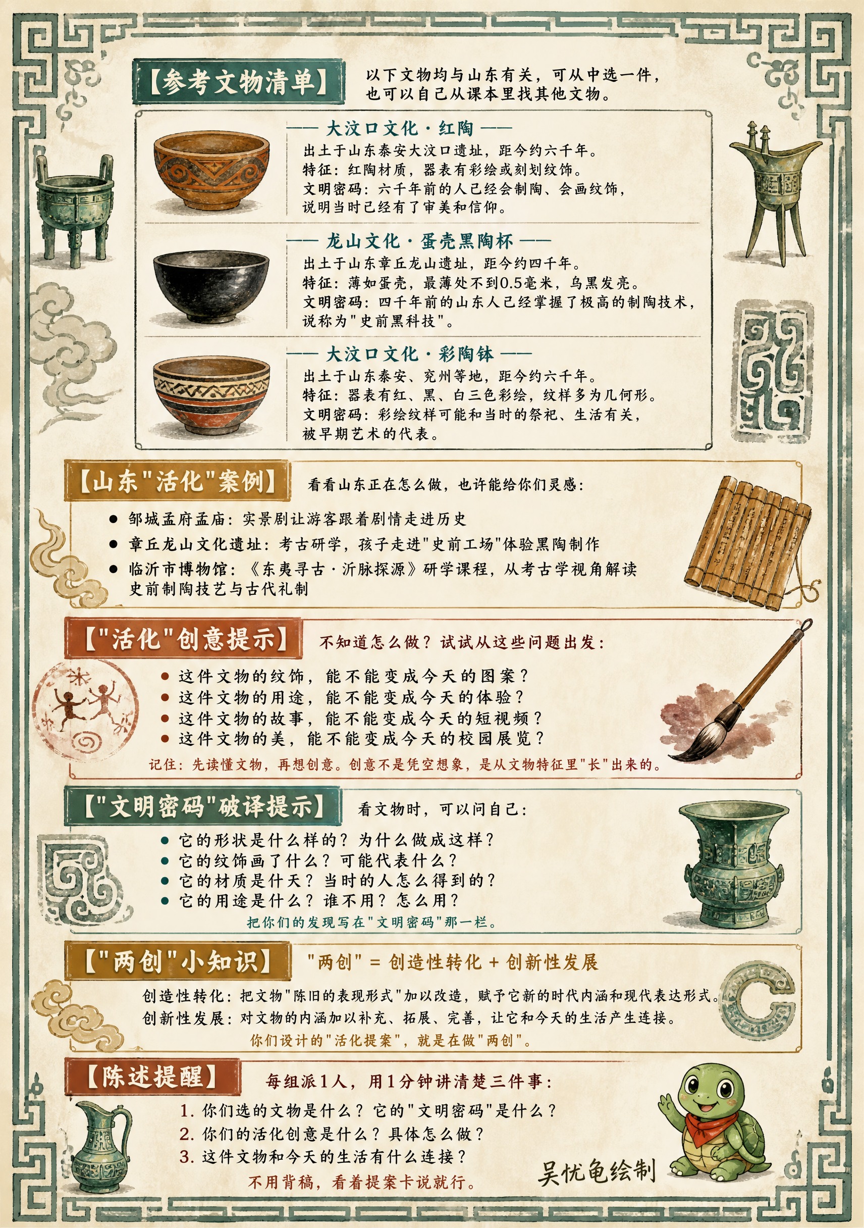 一张A4竖版文物活化提案卡背面，复古青铜质感的手绘水彩风格，以… - 图片创意预览
