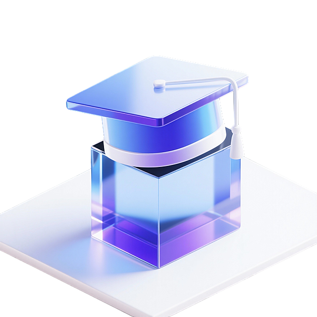 (主体描述)一个博士帽。竖立着的3D图标设计，3D渲染，主色蓝色，蓝紫色渐变玻璃感，白色玻璃材质点缀，45度等距照明，侧面视角，纯白色背景，未来科技感，细节丰富，C4D渲染，blander渲染，8K，玻璃材质，透明感强，轻薄感。