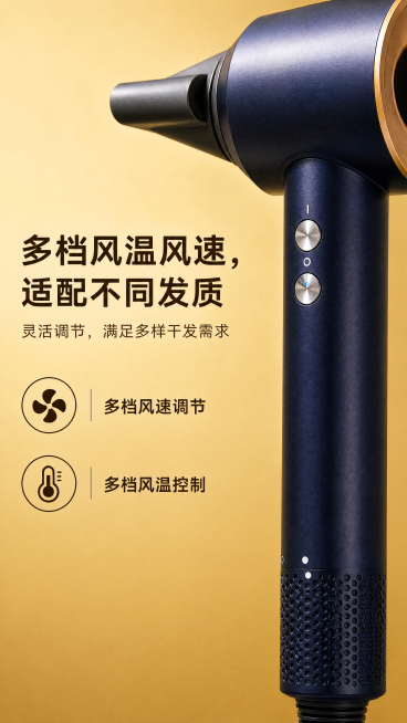 [第5屏] 本屏功能定义：负离子护发高速吹风机核心卖点拆解二-多档调节。
[氛围/风格] 高端质感风格，清晰直观视觉呈现，精致商业质感。
[元素布局] 香槟金渐变质感背景，从左上浅香槟金渐变到右下深香预览效果