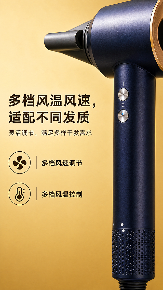[第5屏] 本屏功能定义：负离子护发高速吹风机核心卖点拆解二-多档调节。
[氛围/风格] 高端质感风格，清晰直观视觉呈现，精致商业质感。
[元素布局] 香槟金渐变质感背景，从左上浅香槟金渐变到右下深香槟金，画面右侧特写展示吹风机机身按键区域，保持参考图中按键位置、颜色和机身藏青蓝材质完全一致，按键细节清晰可见；画面左侧排布标题、说明文字和两个数据图标标签，从上到下分布，整体视觉平衡清晰。
[光影质感] 柔和侧光突出按键区域金属质感，背景渐变过渡自然，整体光影层次细腻，按键金属按钮有自然高光，产品细节清晰可见。
[配色色系] 全局背景：香槟金渐变 #E6C880 到 #D4AF37；主体配色：产品藏青蓝机身搭配银色按键；文字和图标：深棕 #332200 配色。
[视角构图] 特写按键区域，右侧产品特写左侧文字信息的不对称构图，平视视角，焦点清晰落在按键区域。
[文字版式] 左侧上方卖点标题 "多档风温风速，适配不同发质"，深棕色加粗字体，字号约占画面宽度5%；标题下方放置辅助说明 "灵活调节，满足多样干发需求"，深棕色常规字体，字号约为标题的50%；辅助说明下方搭配两个数据图标标签：1. 多档风速调节 2. 多档风温控制，每个标签包含圆形图标和文字，排列整齐，视觉清晰直观。
[比例分辨率] 9:16竖版比例，4K分辨率，文字清晰可辨。
[负向提示词] 按键结构错误，产品颜色偏差，金边缺失，变形，文字错乱，背景渐变不均，水印，细节模糊。