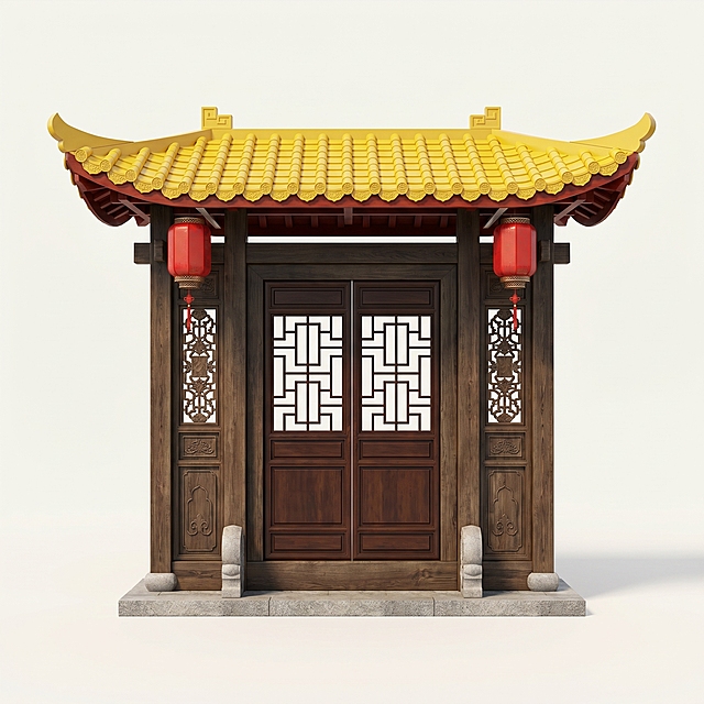 将这款黄色中式飞檐屋檐安装在完整的中式大门建筑上，生成适合淘宝电商展示的商品主图，画面干净美观，突出屋檐产品，整体精致好看不丑