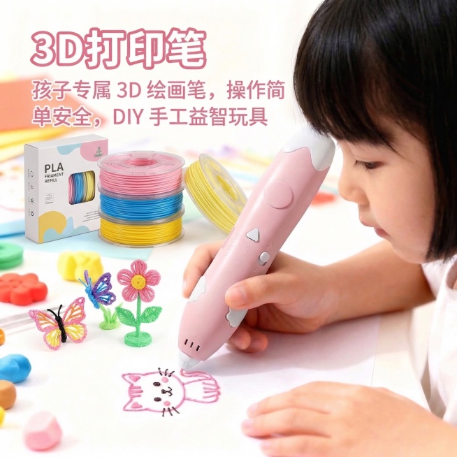 替换桌面上的手工素材物品，将所有文字的颜色修改为粉红色，让文字更清晰明显，保留小女孩拿着粉色3d打印笔绘画小猫、粉色打印笔外观不变，保持明亮清新的儿童产品摄影风格，保留文字内容“3D打印笔”“孩子专属预览效果