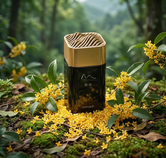 产品置于简洁的山林背景中，淡化背景，产品放大一点，放在森林的地上，产品瓶子底下旁边点缀一些黄色的桂花花瓣和桂花枝树叶围绕，整体呈现森林的绿色调。预览效果
