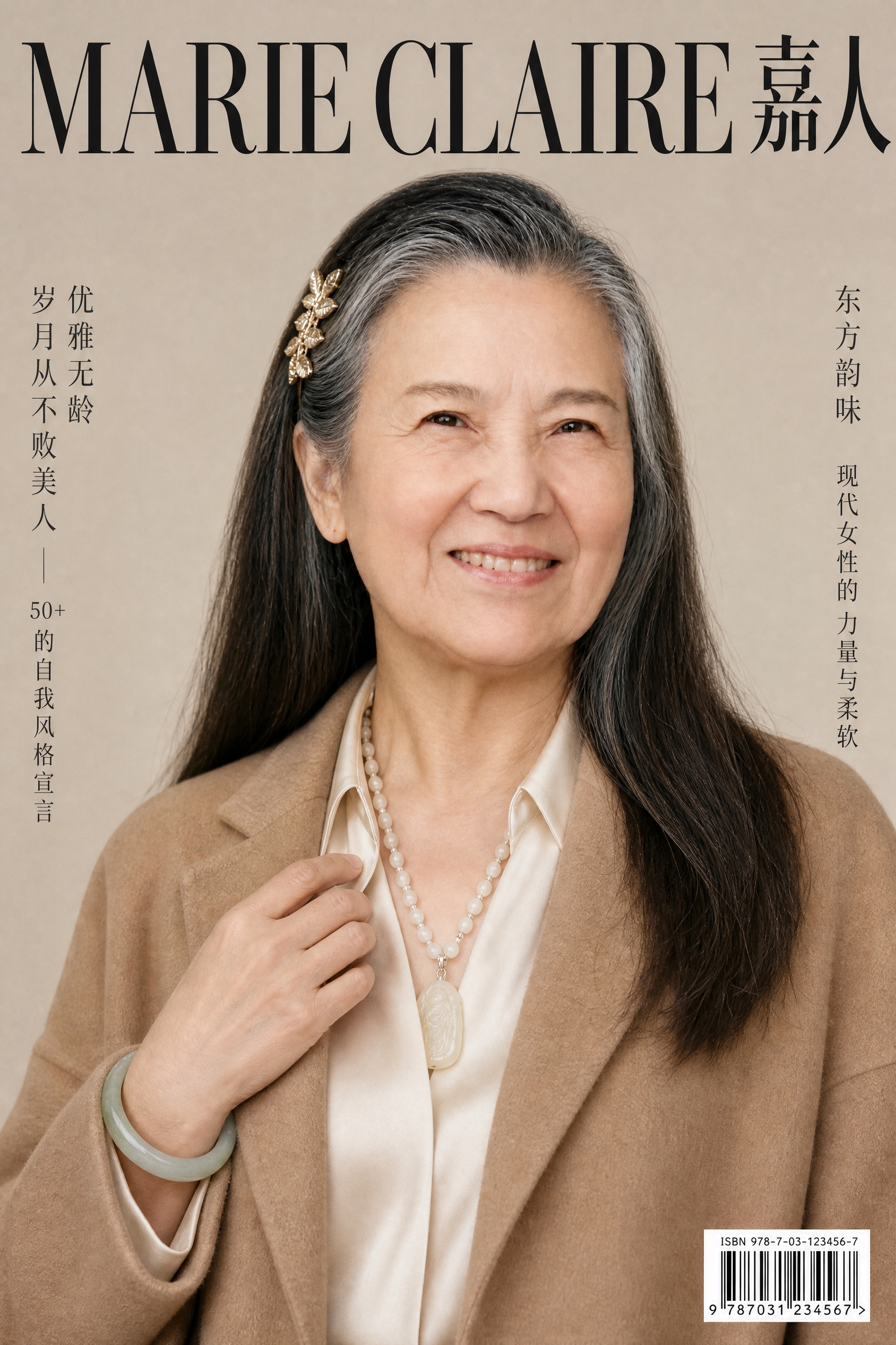 中国高端时尚杂志封面，50岁优雅东方女性，保留参考图的人脸特征… - 图片创意预览