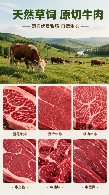 [第3屏] 产地原料展示屏，展示原切牛肉的天然来源。
[氛围/风格] 自然生鲜风，天然牧场背景，真实自然，突出原生牛肉新鲜品质。
[元素布局] 上半部分为天然牧场实景图，占比约50%；下半部分展示不同预览效果