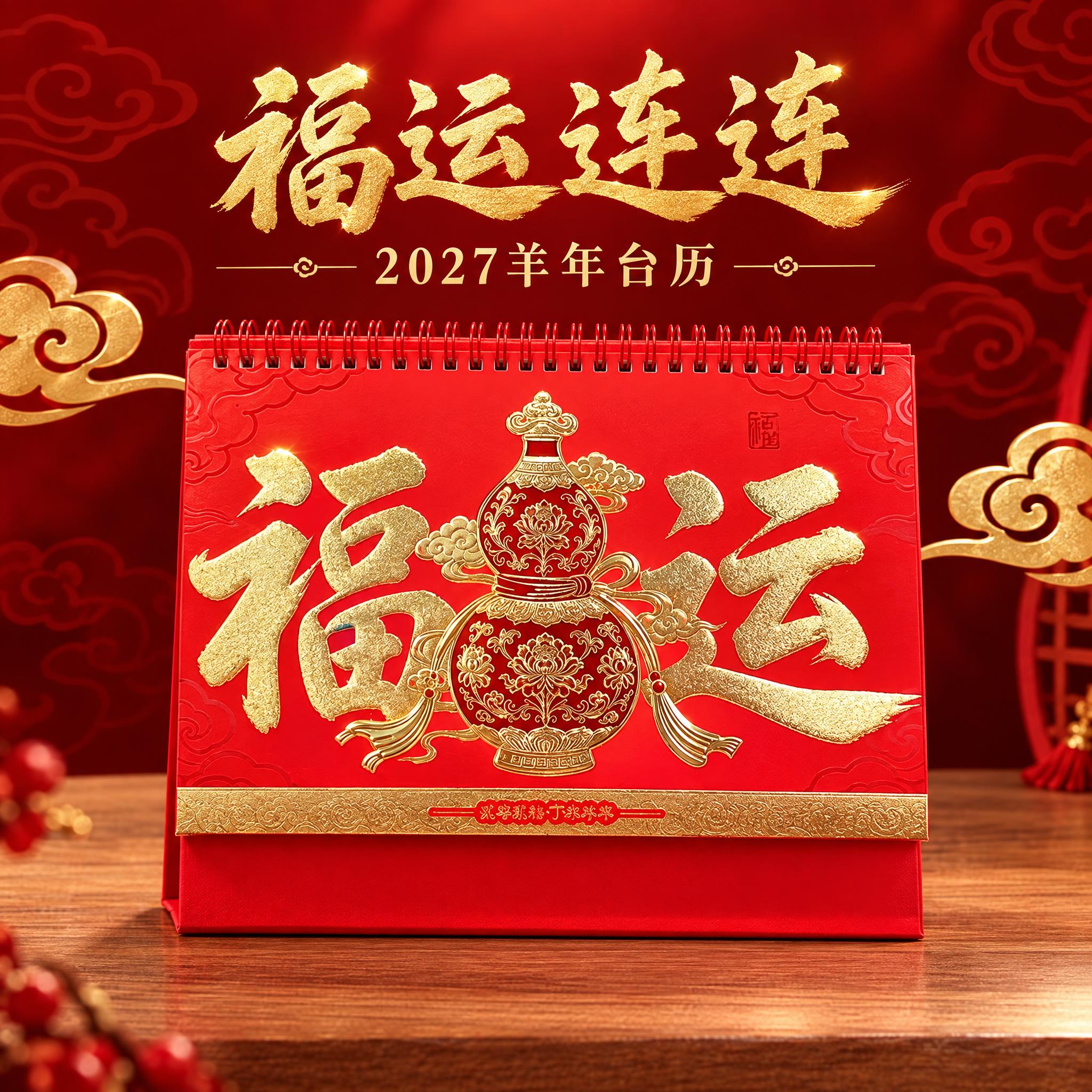 福运葫芦款红色台历单张产品主图，高端新年礼品风格。 [统一基调… - 图片创意预览