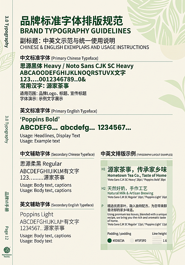 生成A4竖版家乡奶茶品牌VI手册内页，展示品牌标准字体排版规范，中英文示范，统一字体使用说明，排版有美感和层次感，保持绿色简约风格