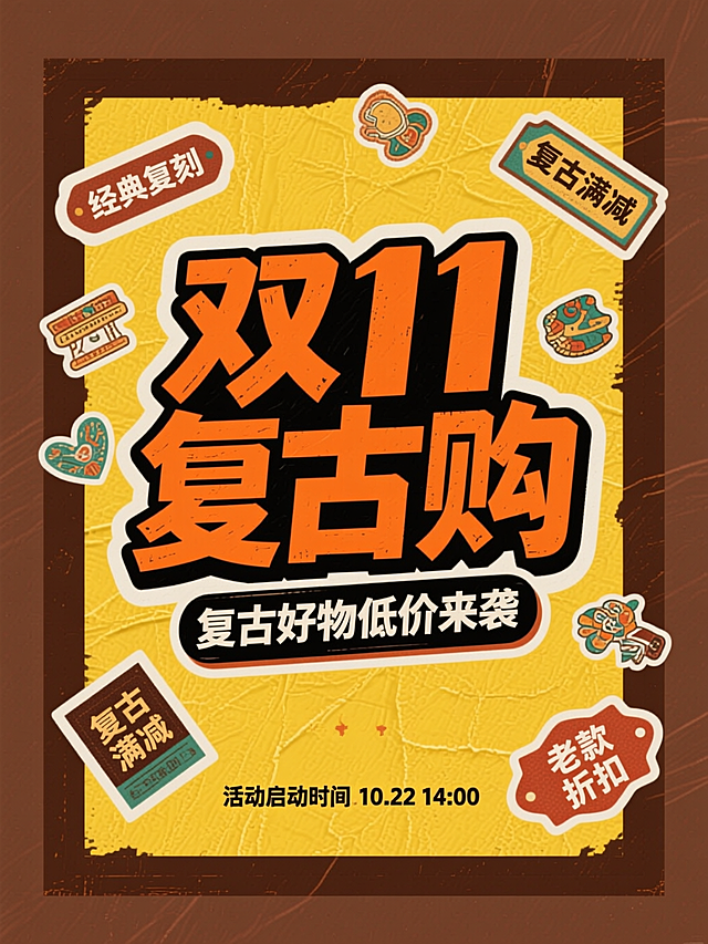 复古感与国潮风融合，手账拼贴风格呈现，印刷质感背景搭配趣味贴纸元素，营造双11促销氛围，突出“复古购”主题。