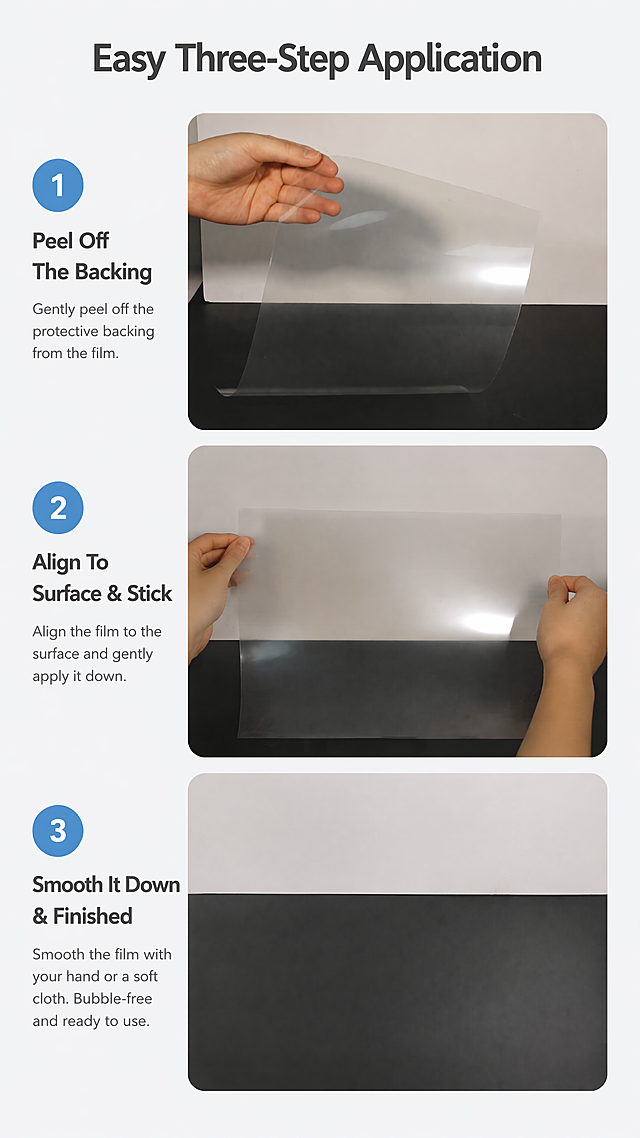 [第5屏] Step-by-Step Usage Demonstration page for PET Cold Laminating Crystal Film. This screen uses [image5] as the operation demonstration main body.  
[Atmosphere/Style] Clear step-by-step guide style, simple and intuitive, easy to understand.  
[Element Layout] Three step blocks arranged vertically from top to bottom. Step 1: "Peel Off" shows the action of tearing the protective film, using [image5] to demonstrate the peeling action. Step 2: "Align & Paste" shows the action of pasting the film onto the target surface. Step 3: "Smooth & Done" shows the finished flat effect. Each step has a number label, step title, short description, and corresponding demonstration image. Keep the product characteristics consistent with input images.  
[Light and Shadow Texture] Uniform soft lighting, clear action details, natural hand posture.  
[Color Matching] Global background #f0f2f5, step number circle light blue, number white, title dark gray, description light gray.  
[Perspective Composition] Vertical step layout, clear up-down reading order.  
[Text Layout] Top title "Easy Three-Step Application", each step: 1. Number One "Peel Off The Backing", 2. Number Two "Align To Surface & Stick", 3. Number Three "Smooth It Down & Finished". Text is concise and guides operation clearly.  
[Proportion Resolution] 9:16, 4K, text clear and recognizable.  
[Negative Prompt] Confused steps, distorted hand, product deformation, text garbled, Chinese characters, watermark.
