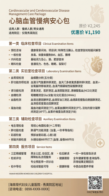 根据参考图设计医疗推广海报，主题为"心脑血管慢病安心包"，保留参考图所有文字内容：原价¥2,245，优惠价¥1,190，适用人群、适用院区，以及四大类全部检查项目和服务项目，海报底部预留位置放置地址电预览效果