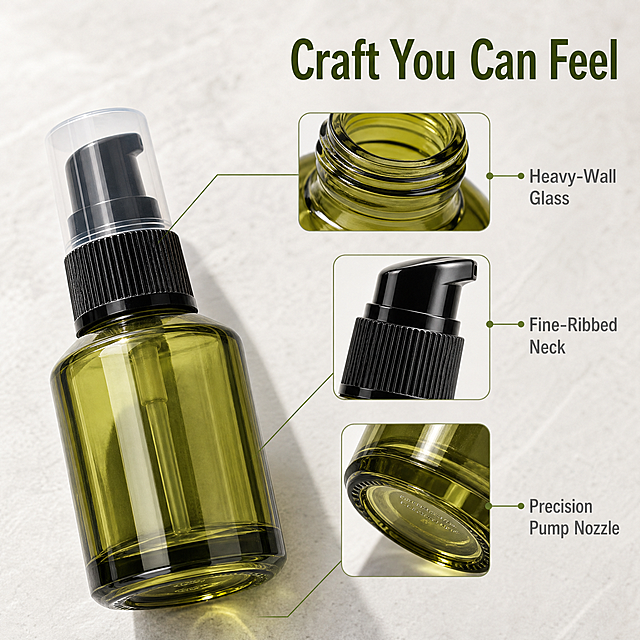 [主图-3] 3 Pack 15ml Olive Green Glass Pump Bottles 材质做工细节图，唯一任务：以微距证据证明加厚玻璃瓶壁、细齿螺纹颈与泵头喷嘴工艺。
[统一基调] 同组视觉：干净高级美妆静物商业摄影；奶油白至暖浅灰无缝影棚；主标题深橄榄绿；辅助字色中灰；强调色橄榄果绿；同一款干净无衬线字体；细橄榄绿引线配半透明奶油白圆角卡片。
[画面] 采用斜向对角线构图，与主图2的左右分栏版式明显不同：画面左下为一支泵瓶的四分之三侧视角中近景，瓶身、半透明外盖与黑色喷嘴清晰；自瓶体沿对角线向右上依次排布三个圆角矩形微距细节块，分别呈现加厚玻璃瓶壁与瓶口螺纹、黑色细齿纹泵头齿槽与喷嘴出口、玻璃瓶底厚壁与内壁反光；每个细节块配小号英文名称标注并用细引线相连；整体为俯视微距角度，产品置于哑光浅灰石纹板上，结构、颜色、材质与输入图一致。
[光影质感] 硬中带柔的侧逆光强化玻璃壁厚与齿纹立体感，微距下可见玻璃通透度、倾斜光带与细腻磨砂质感。
[配色] 奶油白底、橄榄绿玻璃、黑色泵头，橄榄果绿细引线点缀。
[文字版式] 右上方大号深橄榄绿 "Craft You Can Feel"；三处细节标注为小号中灰 "Heavy-Wall Glass" "Fine-Ribbed Neck" "Precision Pump Nozzle"；全部英文横排、不遮挡产品。
[输出要求] 1:1；文字清晰锐利；无变形、无错拼、无中文、无水印、无平台Logo、无杂乱堆叠。