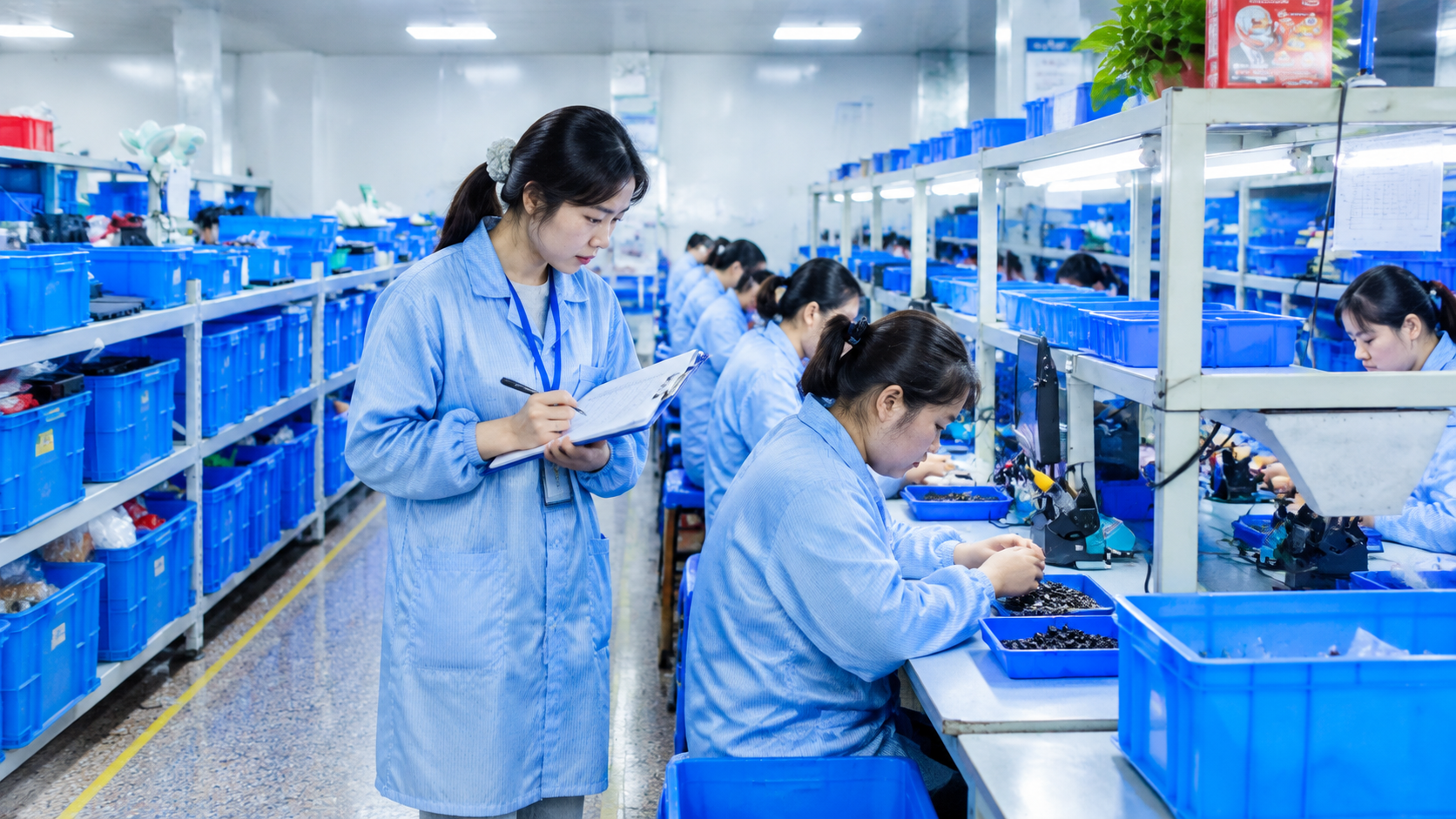 电子厂车间过程巡检场景，参考图1的车间环境和工人穿着。女质检员… - 图片创意预览