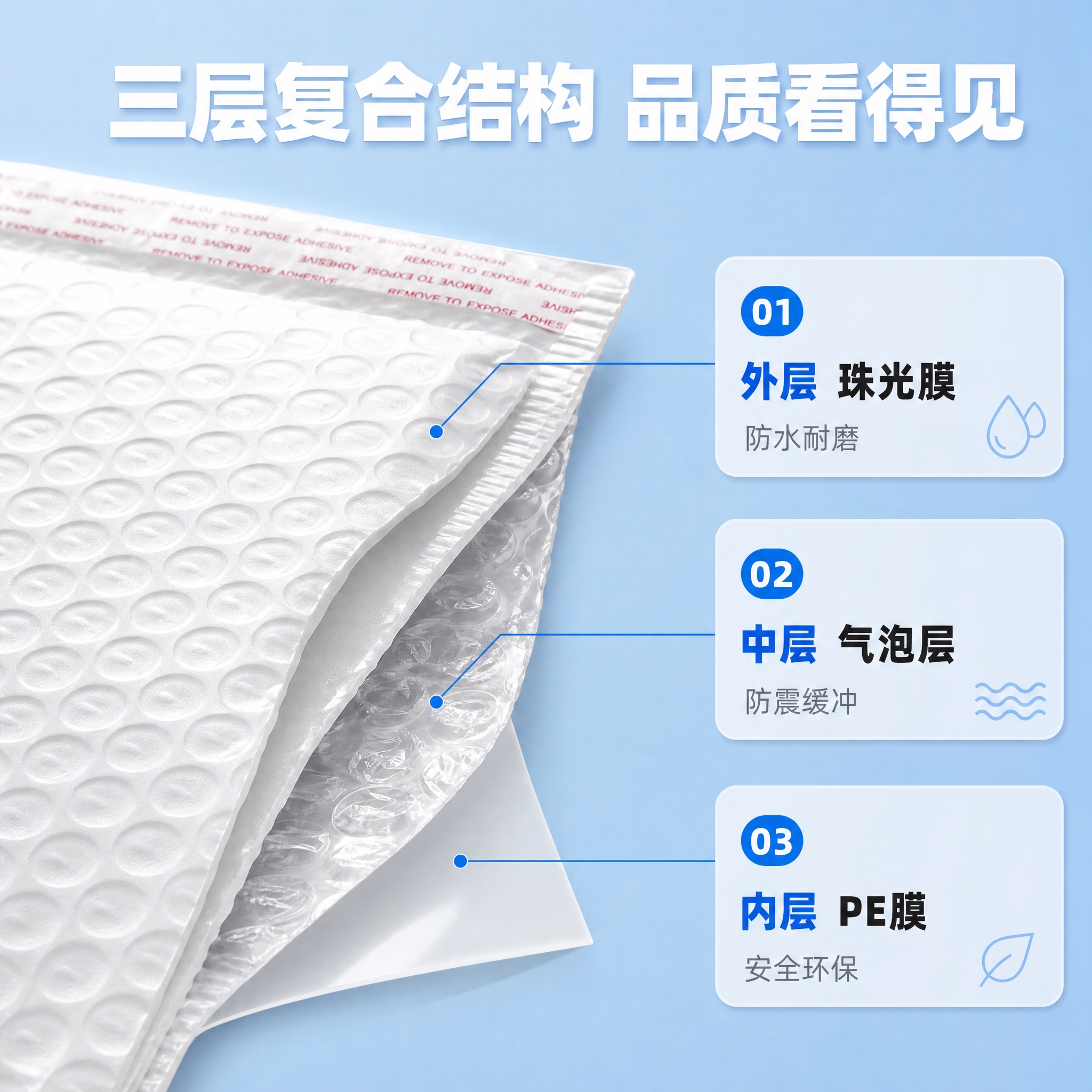 [主图-3] 材质细节与品质 复合珠光膜气泡袋结构拆解 展示多… - 图片创意预览