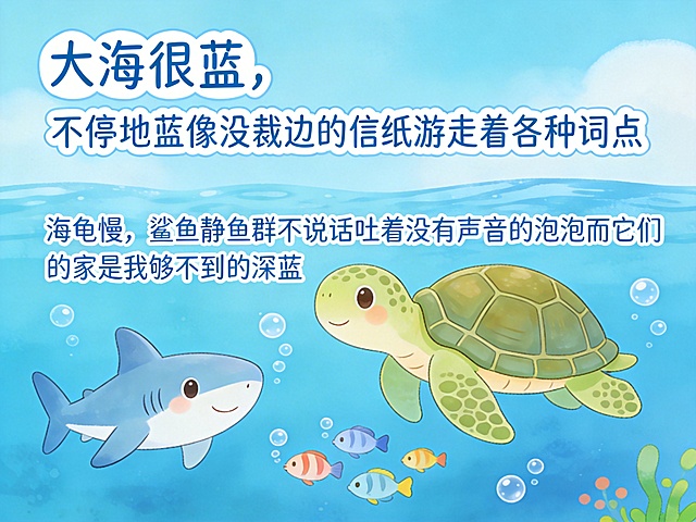 童趣卡通风格海底世界，适合幼儿园使用，明亮清澈的蓝色大海，慢吞吞的可爱海龟，安静呆萌的鲨鱼，萌萌的小鱼群吐着圆圆的泡泡，整体氛围活泼可爱，色彩明快柔和，呼应童诗《大海》：大海很蓝，不停地蓝像没裁边的信纸游走着各种词点海龟慢，鲨鱼静鱼群不说话吐着没有声音的泡泡而它们的家是我够不到的深蓝