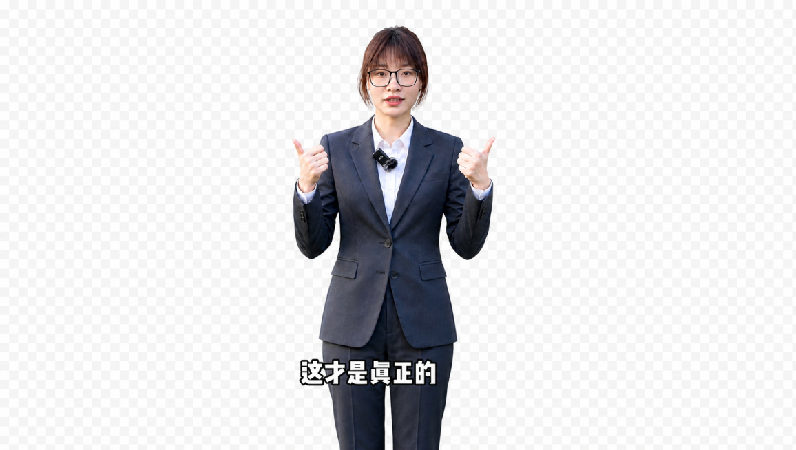 调整景别为中全景，展示女孩到膝盖以上位置，保留女孩西装、麦克风和原有手势姿势，背景保持透明，保留所有文字和监控产品内容不变预览效果